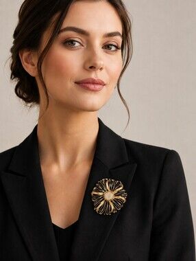 VTG Oscar De La Renta Gold Plated Black Enamel Chrysanthemum Brooch Crystals 3”